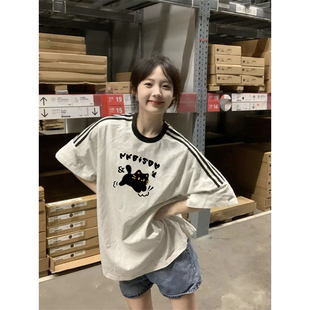 美式复古三条杠短袖t恤女大童夏季薄款初中高中学生宽松纯棉上衣
