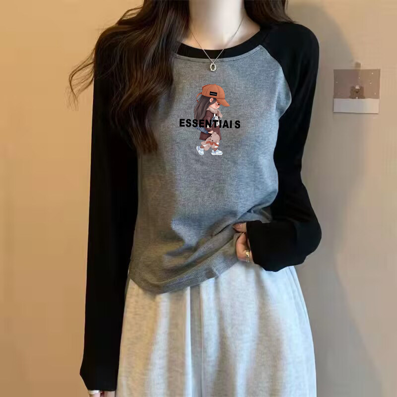 大码女插肩袖拼接长袖t恤上衣秋冬2025新款微胖mm显瘦内搭打底衫