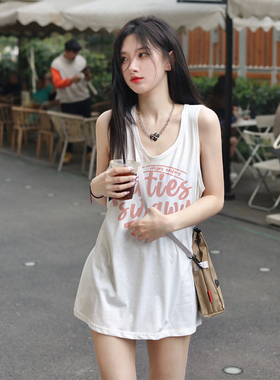 美式白色吊带运动背心女夏季外穿新款小个子宽松慵懒无袖坎肩上衣