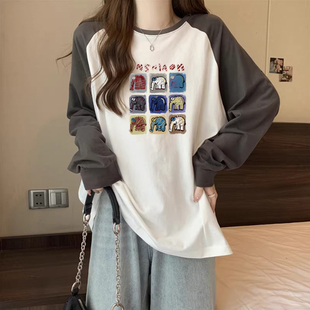 白色纯棉长袖t恤女2025春秋新款学生宽松圆领韩系chic别致上衣潮