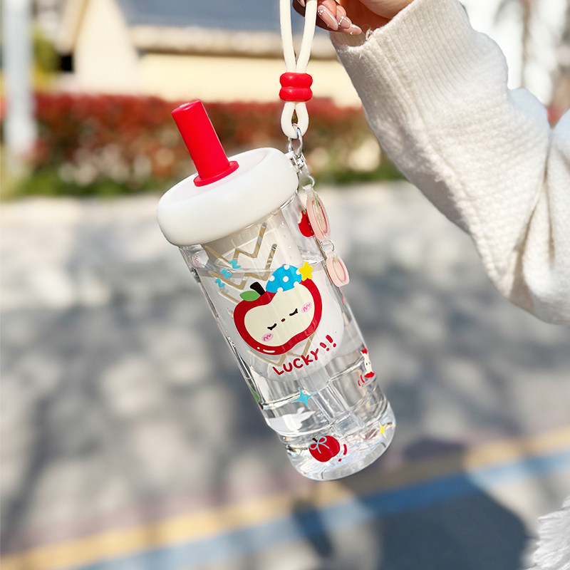 苹果系列吸管塑料水杯高颜值小众创意大容量学生喝水杯子便携精致