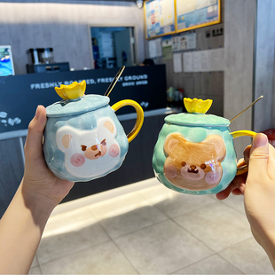 小熊皇冠陶瓷杯ins韩式 创意潮流咖啡杯子卡通动物马克杯 个性