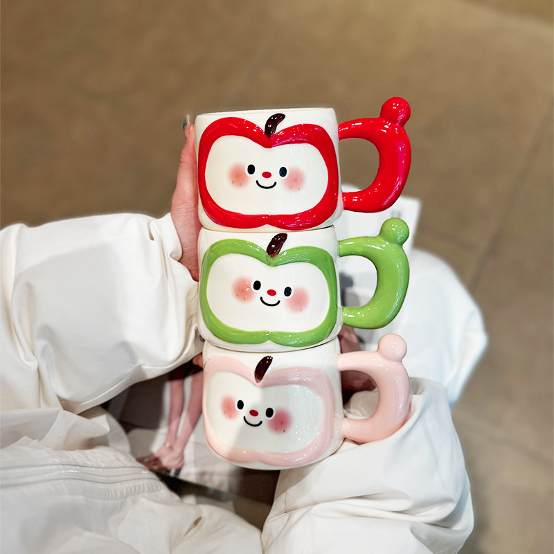苹果带盖陶瓷马克杯可爱卡通小众创意家用情侣喝水杯子礼物伴手礼