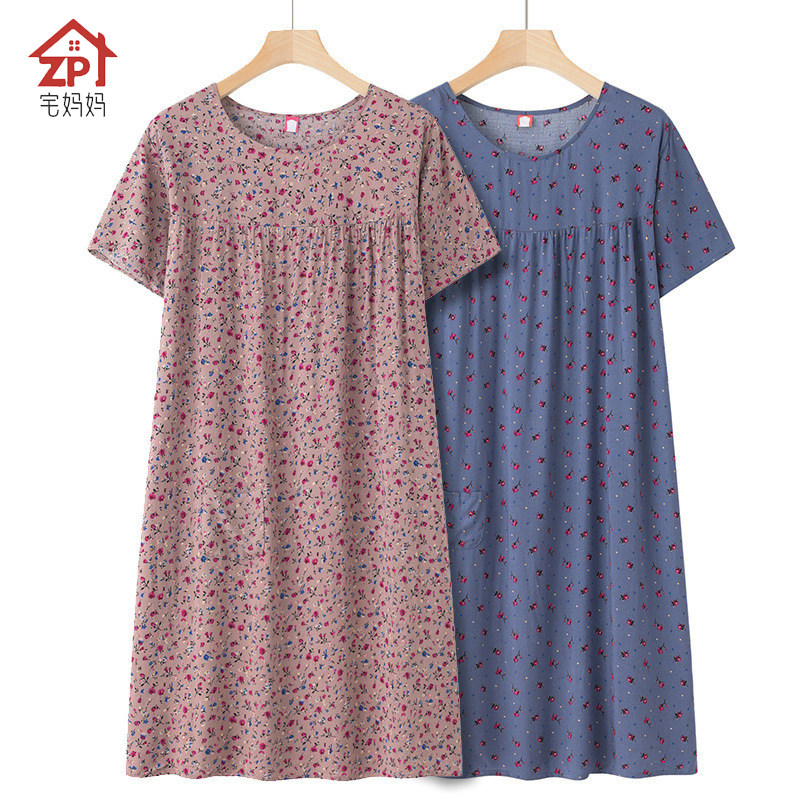 宅妈妈中年棉绸短袖睡裙女夏季绵睡裙