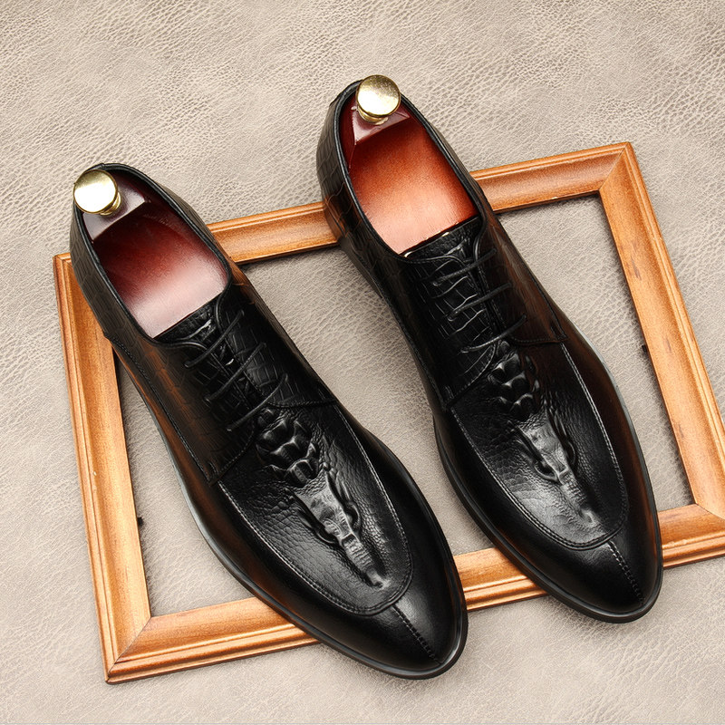 鳄鱼纹男鞋龙头英伦风真皮尖头商务正装皮鞋个性潮流牛皮压花鞋子