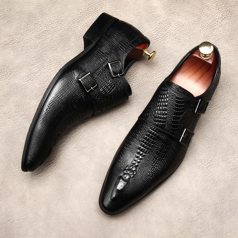 男士压花鳄鱼纹男鞋新款英伦真皮尖头双搭扣商务正装休闲皮鞋潮流
