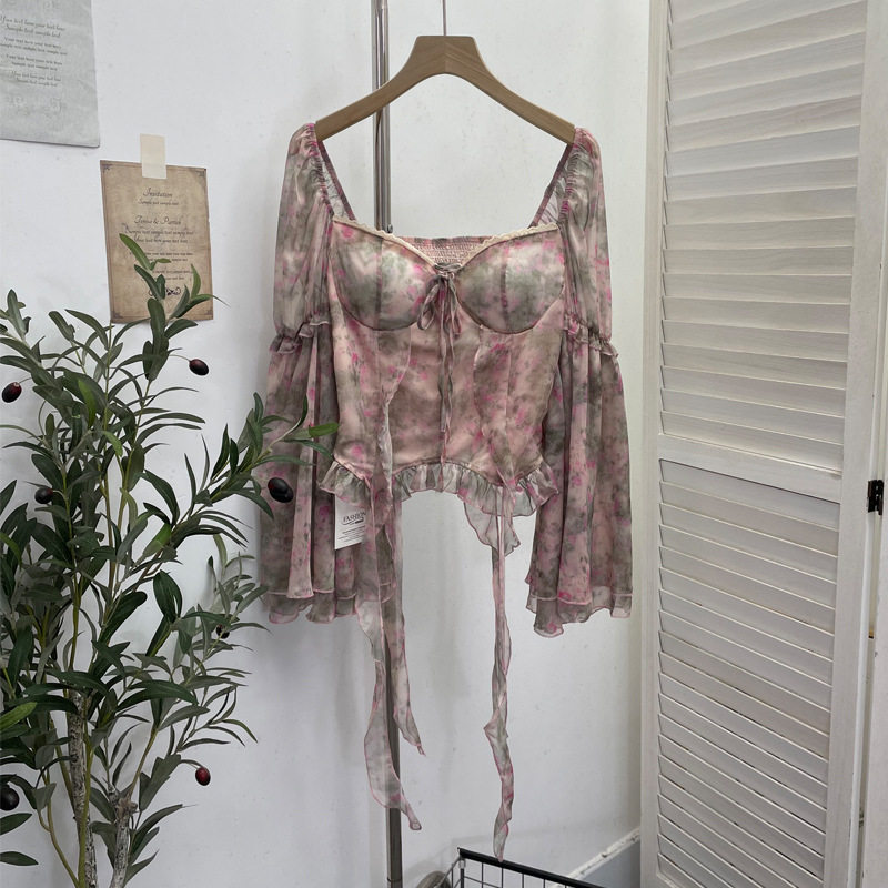 性感一字肩花边拼接系带长袖带胸垫雪纺衫 短款露肩喇叭袖上衣女