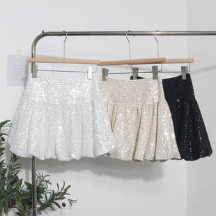 芭蕾风高腰拼接亮片装饰防走光半身裙子 甜美花苞裙a字短裙伞裙女