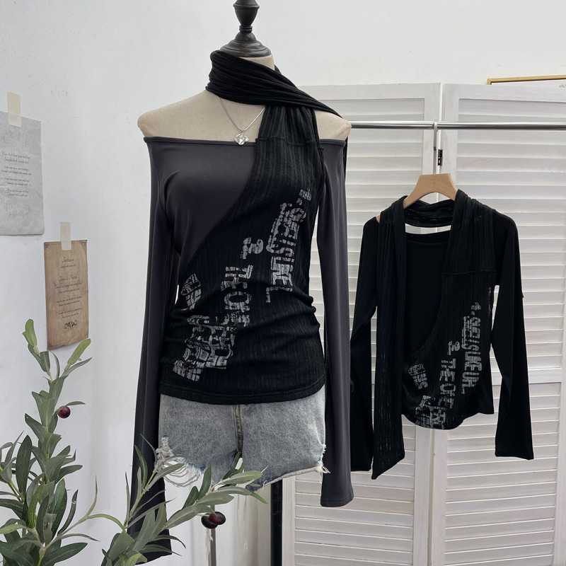 复古设计感拼接飘带挂脖长袖t恤衫 印花假两件露肩一字肩上衣体恤