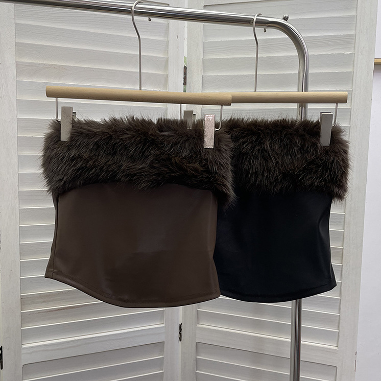 秋冬欧美毛毛拼接pu皮无袖抹胸 短款防滑条后背拉链露背上衣背心