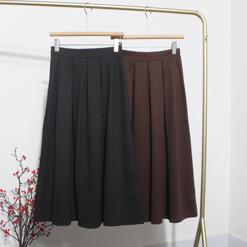 美拉德半松紧高腰毛呢半身裙子 秋冬中长款过膝裙大摆伞裙百褶裙