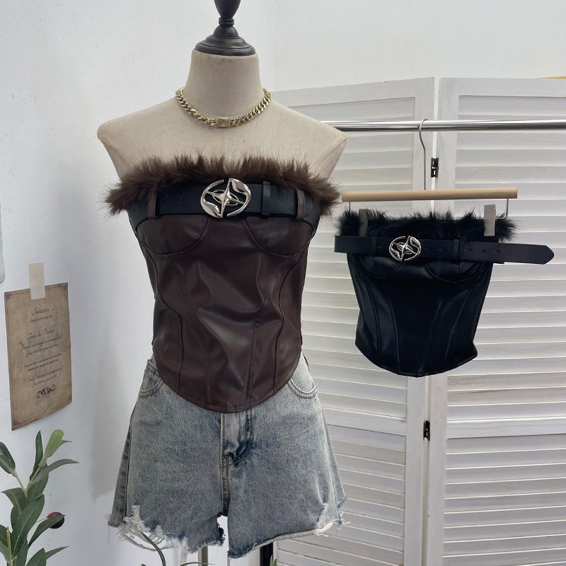 y2k千禧毛毛拼接pu皮配腰带无袖抹胸 短款自带胸垫露背上衣背心女