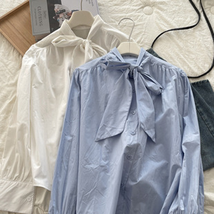 立领领口系带排扣长袖衬衫 通勤风宽松休闲上衣衬衣打底衫女开衫