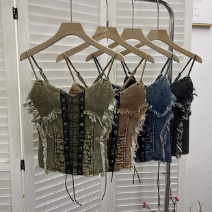 小众做旧毛边牛仔拼接pu皮系带无袖 后背打揽上衣背心女夏 吊带衫