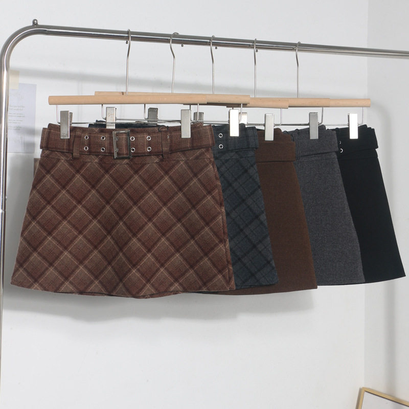 冬季高腰配腰带格纹纯色防走光毛呢半身裙子 a字短裙包臀裙一步裙,女装/女士精品,半身裙,淘宝优惠券,粉丝福利购,淘宝优惠卷