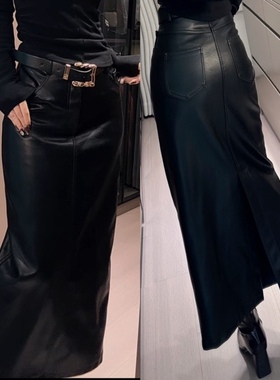 原创-冬季上新加绒保暖秋冬半身裙长款后开叉皮裙子-送皮带3097