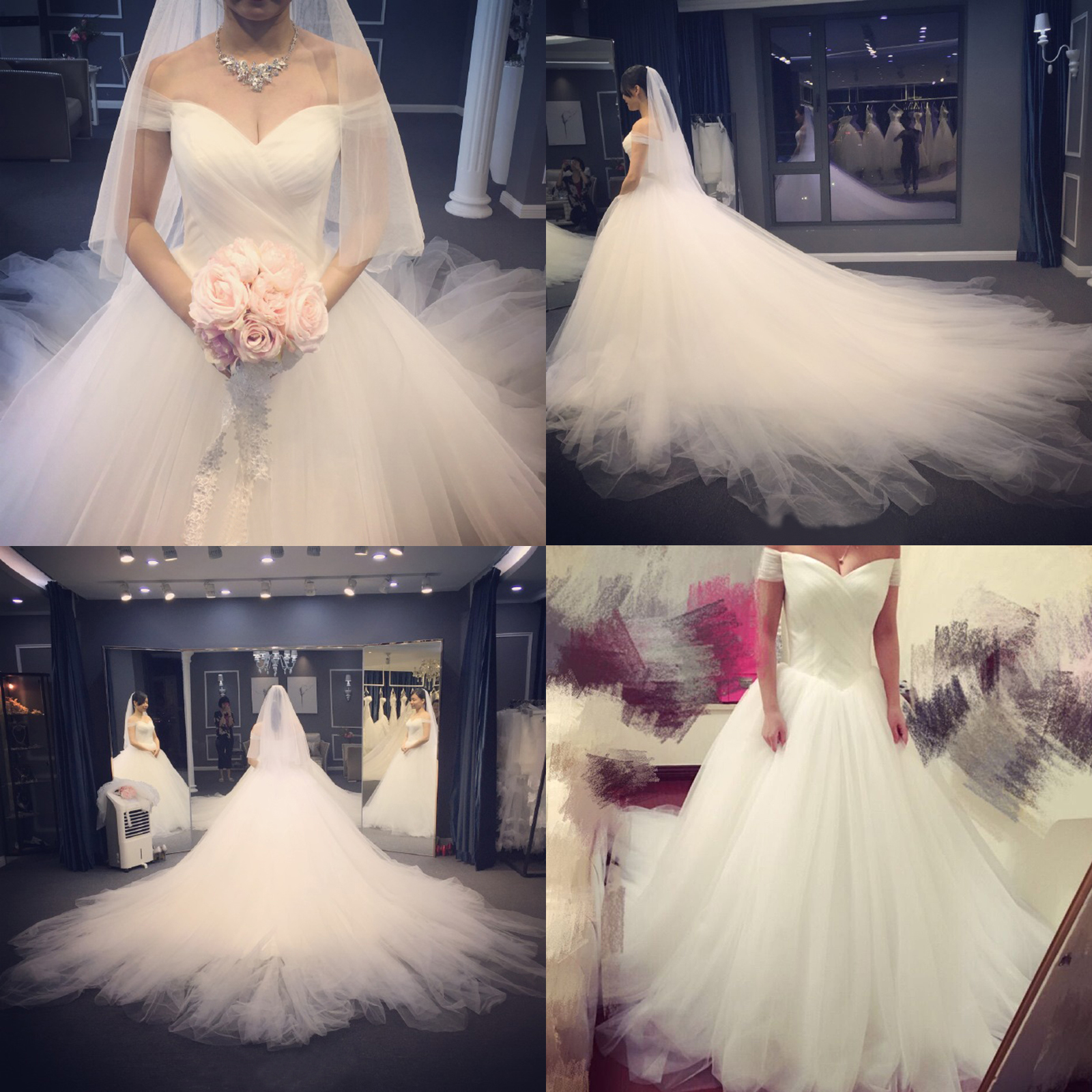 新娘婚纱礼服一字肩长拖尾宫廷装2106新款结婚简约wedding dress