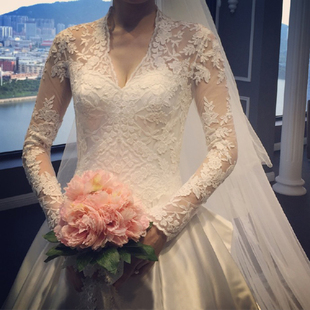 dress高档 深V领宫廷蕾丝绣花wedding 婚纱礼服长拖尾2016新款 长袖