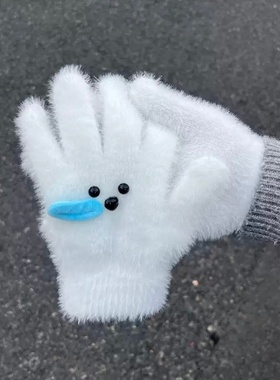 少女心kt猫手套女冬季电动车骑行分指保暖防寒防冻毛茸茸学生可爱