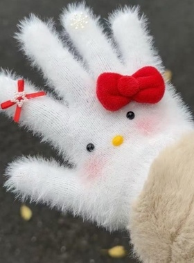 寒防冻蝴蝶结毛绒手套可爱卡通冬季加绒加厚保暖学生分指骑行