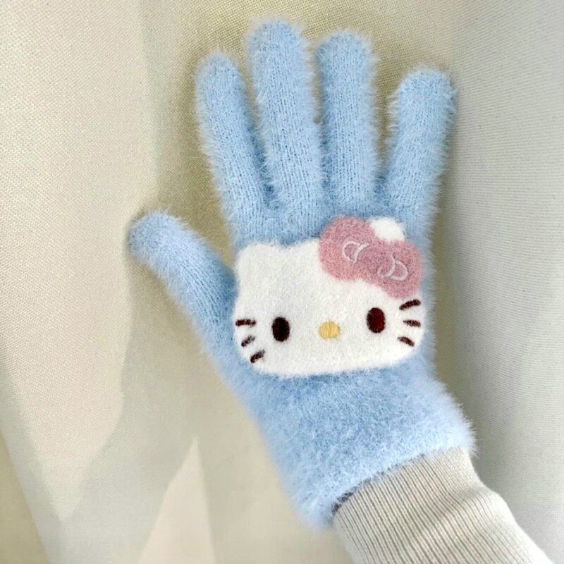 卡通猫头毛绒手套女生冬季电动车摩托车骑行分指手套防寒保暖新款