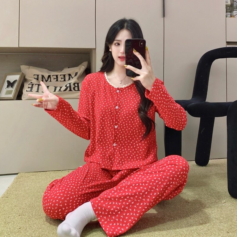 6535棉春秋睡衣女开衫两件套睡衣/家居服套装