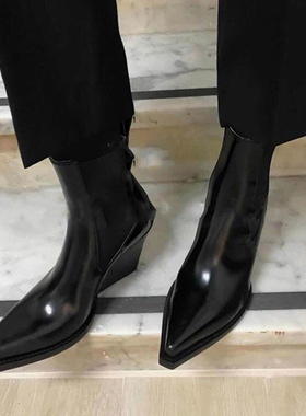 欧洲站女靴子2025年秋新款高跟尖头女靴坡跟切尔西短靴女Mona靴子