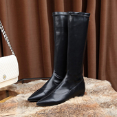 欧货靴子女2025春秋新款 平底尖头长靴女加绒保暖平底靴皮面瘦瘦靴