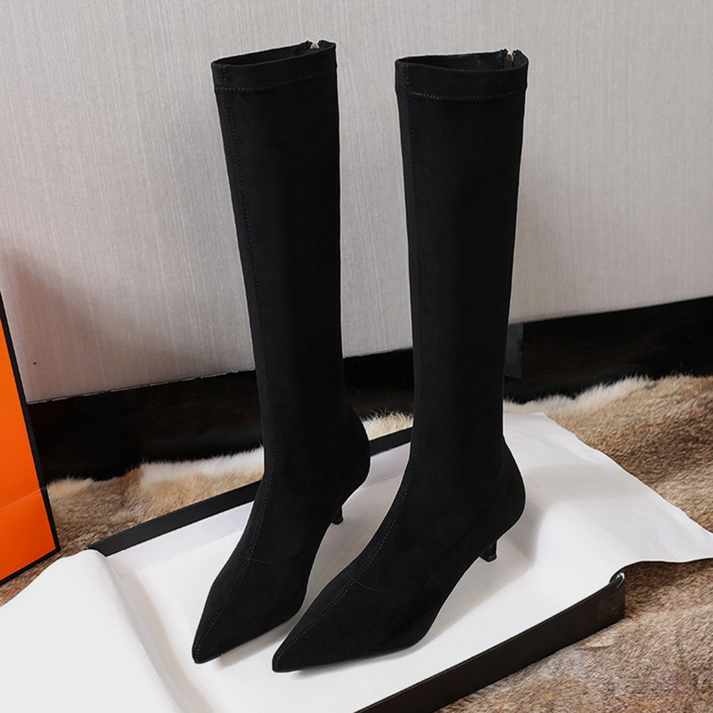 BVPY猫跟弹力靴尖头显瘦长筒保暖