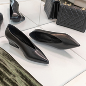 子女2025年春新款 羊皮奶奶鞋 v口尖头单鞋 欧美鞋 女粗跟真皮女巫鞋