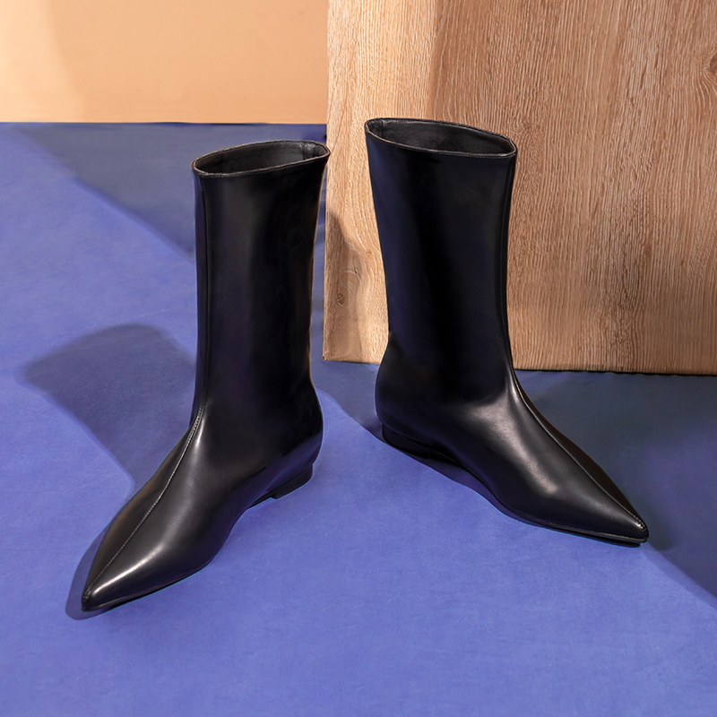 BVPY骑士靴尖头平底套筒中筒靴新