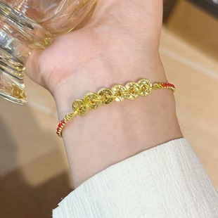 新中式轻奢高级感碎冰冰沙金五帝钱盘缠手链气质金色红绳钱币手饰