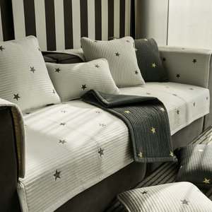 现代简约刺绣五角星全棉沙发垫四季通用防滑布艺坐垫客厅沙发套罩