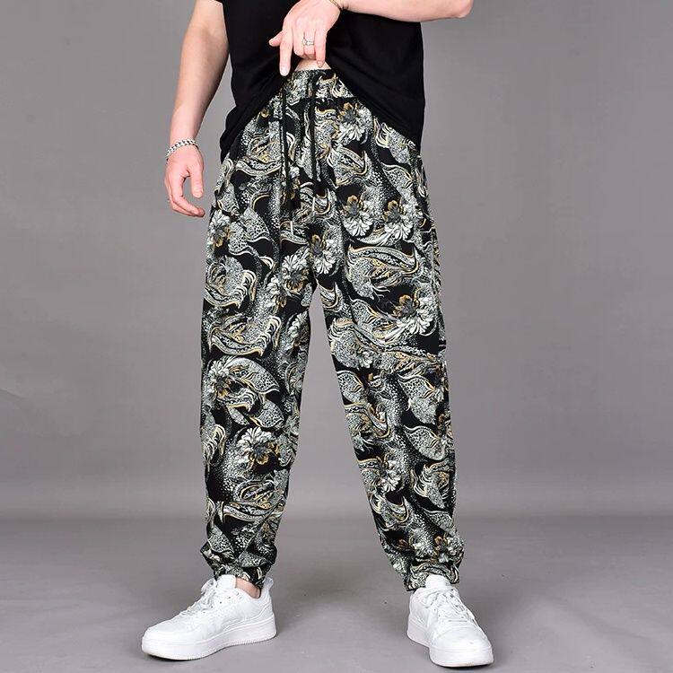 夏季冰丝垂感民族风印花条纹休闲小脚裤子男宽松百搭束脚哈伦长裤