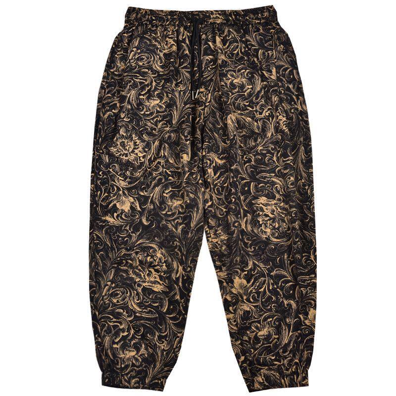 潮牌印花宽松阔腿束脚裤男士2025夏季新款冰丝潮流哈伦休闲花裤子