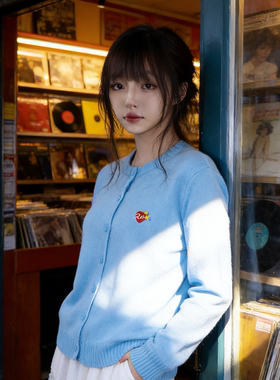 兮兮花颜蓝色圆领开衫女2026早春款设计感绵羊毛毛衣韩系长袖毛衣