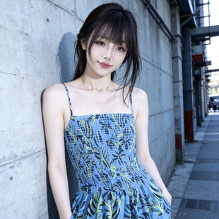 连衣裙女气质碎花显瘦度假风A字长裙子 兮兮花颜棉麻吊带无袖