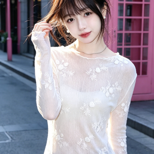 兮兮花颜白色网纱打底衫内搭叠穿绝美透明上衣女夏薄款气质小衫