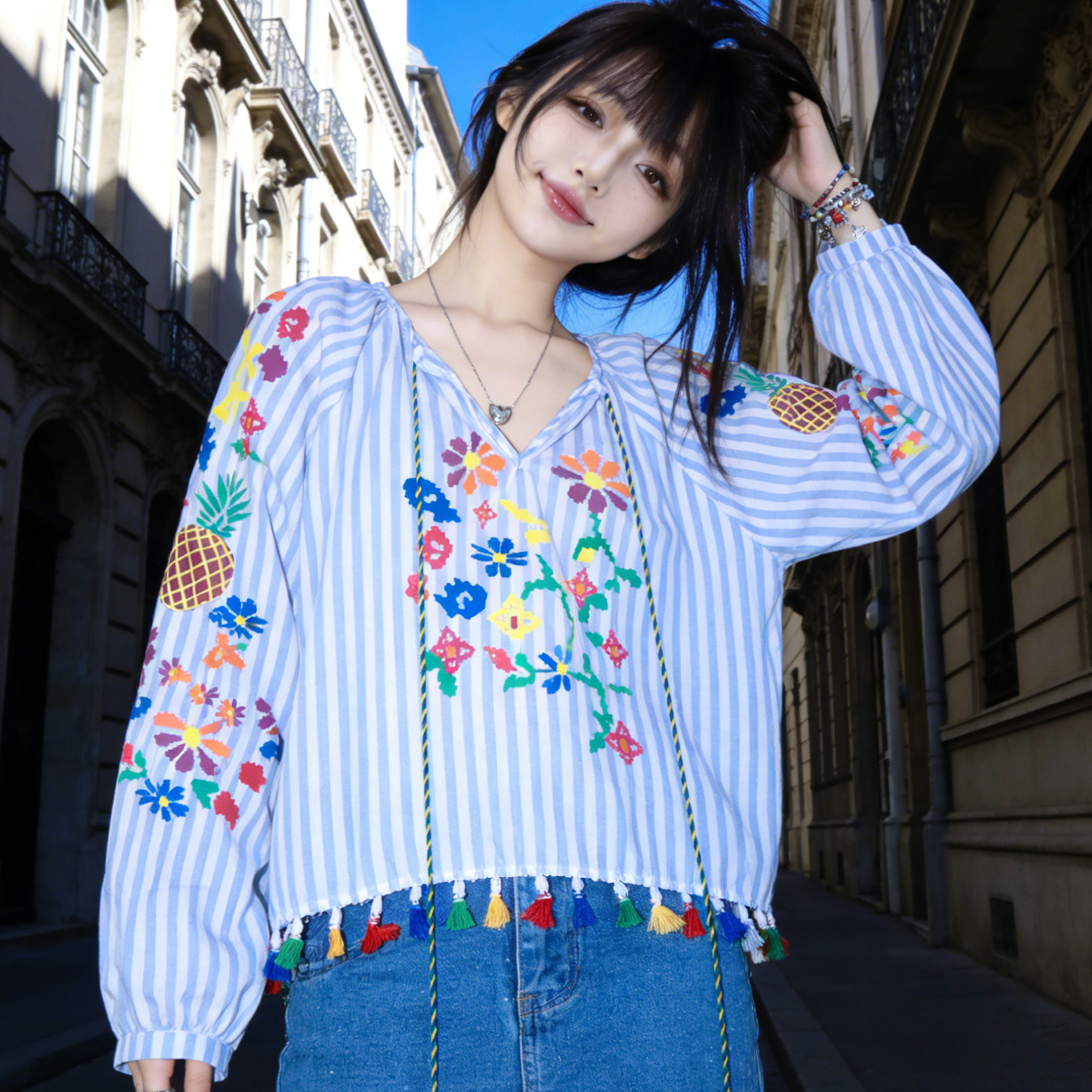 兮兮花颜衣法式甜美文艺减龄条纹印花衬衫夏季蓝色长袖v领宽松上