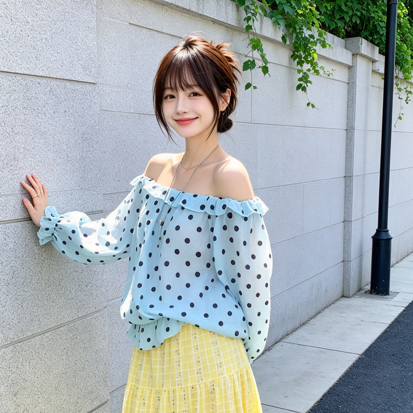 兮兮花颜波点长袖宽松小个子衬衫苎麻温柔套头薄款一字肩衬衫上衣