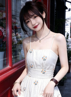 兮兮花颜白色吊带连衣裙女夏季刺绣碎花挂脖吊带裙度假风长裙