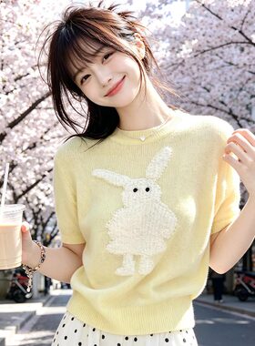 兮兮花颜韩系春季穿搭短袖针织衫女2026年新款设计感黄色毛衣短款
