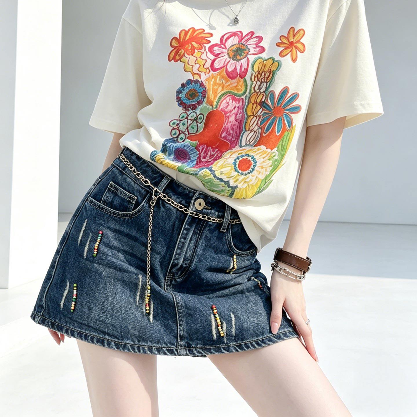 兮兮花颜牛仔半身裙小个子牛仔短裙紧身包臀裙裤短款高腰半裙