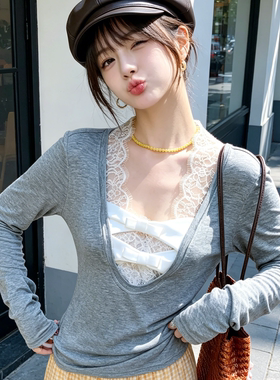 兮兮花颜灰色V领蕾丝打底衫修身设计感百搭叠穿T恤女夏季内搭上衣