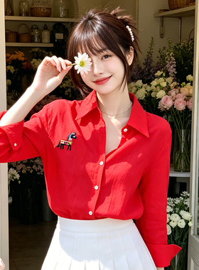 兮兮花颜韩版宽松显瘦苎麻简约刺绣卡通长袖衬衫红色衬衣春夏