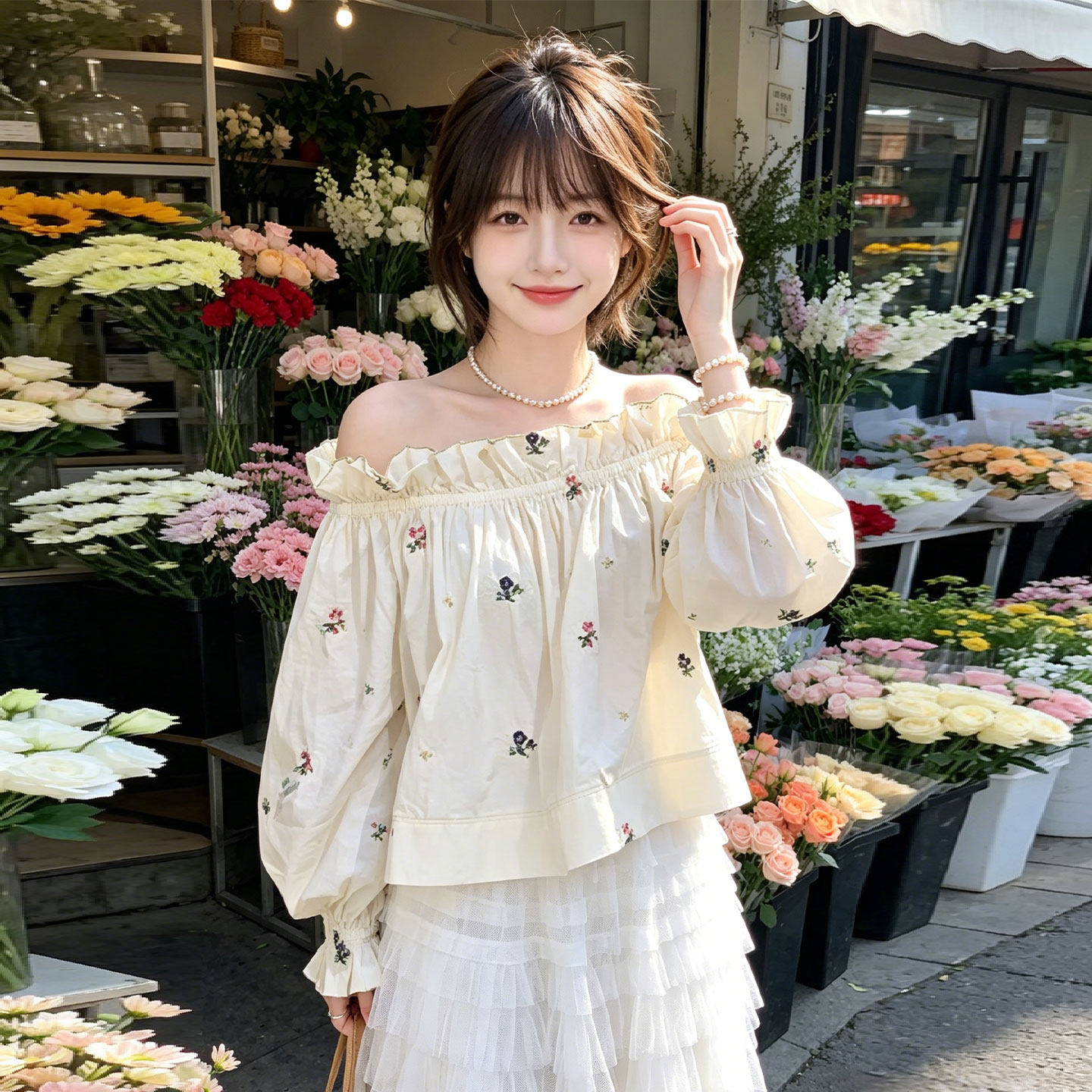 兮兮花颜一字肩宽松衬衫女纯棉2026新款设计感小众长袖刺绣上衣春