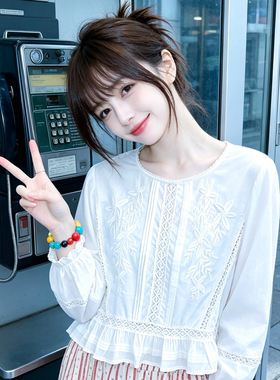 兮兮花颜女装白色泡泡袖刺绣衬衫女宽松法式上衣套头娃娃衫上衣