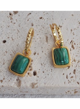 JaR 复古轻奢方形孔雀石耳环纯银镀金法式耳饰女礼物金色耳钉