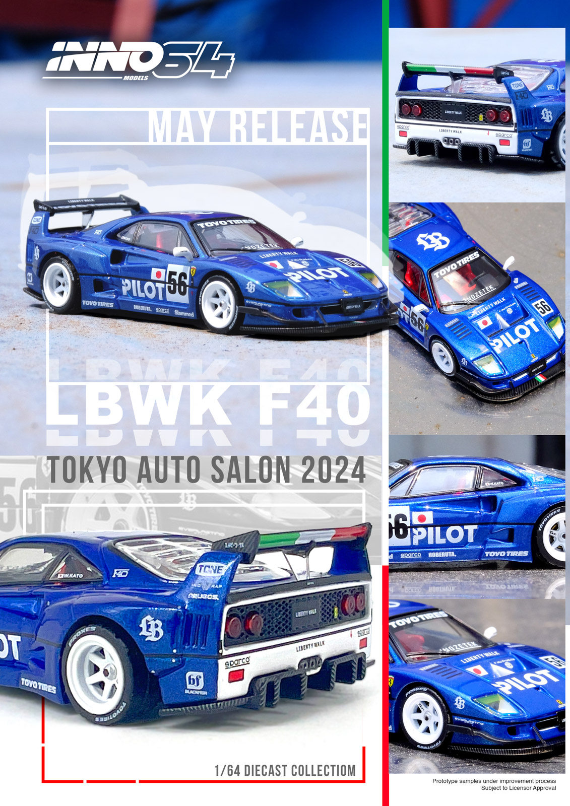 thumbnail for Inno 1:64 Lbwk F40 Tokyo Auto Salon 2024 Blue Alloy Car Model