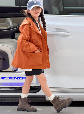 超好看女童橘色连帽外套2026新款韩版洋气休闲工装风中大童春秋